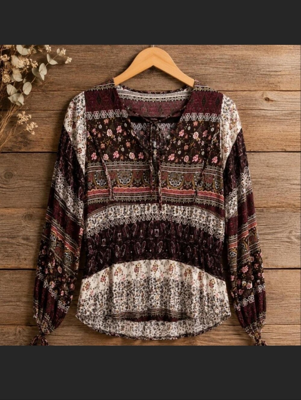Boho Patchwork Festival Blouse | Folk Floral Bell Sleeve Top | S/M